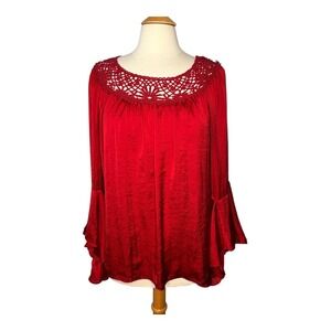 Melissa Paige Red Crochet Neck Bell Sleeve Blouse‎ Top Elegant Women Size Medium